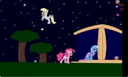 Size: 1252x750 | Tagged: safe, derpibooru import, derpy hooves, pinkie pie, trixie, earth pony, pegasus, unicorn, g4, collect cupcakes lick ponies, cupcake, female, flash game, food, horn, image, jpeg, night, stars, tree, youtube link