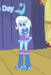 Size: 297x432 | Tagged: safe, derpibooru import, trixie, equestria girls, g4, boots, clothes, high heel boots, hoodie, image, jpeg, shirt, shoes, skirt, solo, trixie wearing her boots