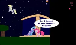 Size: 1252x750 | Tagged: safe, derpibooru import, derpy hooves, pinkie pie, trixie, earth pony, pegasus, unicorn, g4, blushing, collect cupcakes lick ponies, cupcake, dialogue, female, food, horn, image, jpeg, lesbian, night, ship:trixiepie, shipping, stars, tree, youtube link