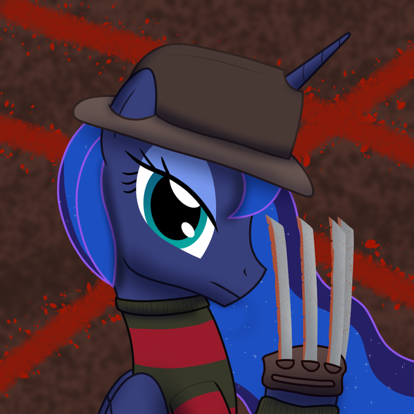 Size: 1000x1000 | Tagged: semi-grimdark, artist:mightyshockwave, derpibooru import, princess luna, a nightmare on elm street, abstract background, clothes, freddy krueger, hat, image, png