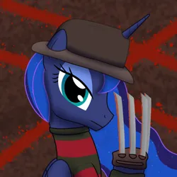 Size: 1000x1000 | Tagged: semi-grimdark, artist:mightyshockwave, derpibooru import, princess luna, a nightmare on elm street, abstract background, clothes, freddy krueger, hat, image, png