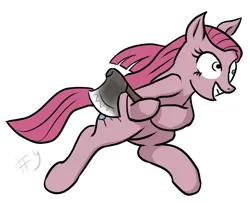 Size: 1055x858 | Tagged: artist needed, source needed, safe, derpibooru import, pinkie pie, earth pony, pony, axe, bipedal, female, flat mane, image, mare, pinkamena diane pie, png, prpg, simple background, solo, weapon, white background