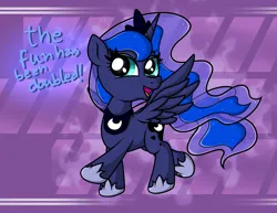 Size: 2653x2044 | Tagged: safe, artist:background basset, derpibooru import, princess luna, alicorn, pony, abstract background, dialogue, image, mlp fim's fourteenth anniversary, open mouth, png, solo, spread wings, text, wings