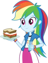 Size: 2705x3500 | Tagged: safe, artist:octosquish7260, derpibooru import, rainbow dash, human, equestria girls, g4, bread, breakfast, cheese, clothes, egg (food), egg sandwich, female, food, fried egg, glass, glass of water, holding, image, jacket, lettuce, plate, png, sandwich, shirt, simple background, skirt, sliced cheese, solo, tomato, transparent background, water, wristband