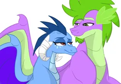 Size: 2935x2044 | Tagged: safe, artist:colourstrike, derpibooru import, princess ember, spike, dragon, g4, gauntlet of fire, bedroom eyes, eye contact, female, image, jpeg, looking at each other, looking at someone, male, older, older spike, ship:emberspike, shipping, simple background, smiling, straight, white background, winged spike, wings