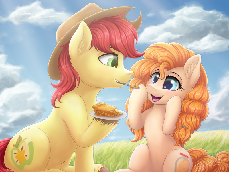 Size: 1024x768 | Tagged: safe, artist:novaintellus, derpibooru import, bright mac, pear butter, earth pony, pony, g4, apple, apple pie, brightabetes, brightbutter, cute, female, food, image, male, mare, mouth hold, pearabetes, picnic, pie, png, scenery, shipping, sitting, smiling, stallion, straight