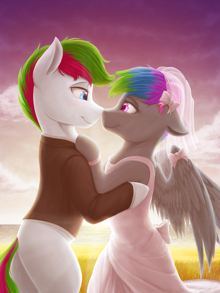 Size: 1024x1366 | Tagged: safe, artist:novaintellus, derpibooru import, oc, oc:fox glove, oc:neon streak, earth pony, pegasus, pony, bedroom eyes, couple, cute, duo, image, looking at each other, looking at someone, marriage, neove, png, wedding