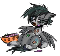 Size: 1106x1038 | Tagged: safe, artist:doodlesinky, derpibooru import, oc, oc:inky doodles, unofficial characters only, pegasus, candy, chocolate, disoriented, dizzy, food, food coma, halloween, halloween 2024, holiday, image, jpeg, messy, messy eating, messy mane, nightmare night, nonbinary, simple background, solo