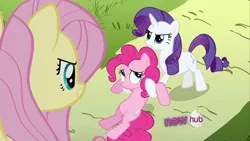 Size: 1280x720 | Tagged: safe, derpibooru import, screencap, fluttershy, pinkie pie, rarity, earth pony, pegasus, unicorn, g4, horn, hub logo, image, jpeg, logo, the hub