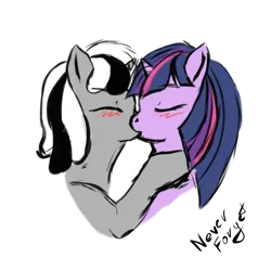 Size: 1024x1024 | Tagged: artist needed, source needed, safe, derpibooru import, twilight sparkle, oc, pony, unicorn, blushing, english, female, horn, image, kissing, lesbian, mare, png, prpg, simple background, transparent background, unicorn oc, unicorn twilight