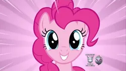 Size: 1280x720 | Tagged: safe, derpibooru import, screencap, pinkie pie, earth pony, g4, female, hub logo, image, jpeg, logo, looking at you, smiling, solo, the hub