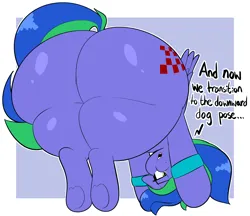 Size: 2240x1931 | Tagged: suggestive, artist:blitzyflair, derpibooru import, oc, oc:felicity stars, unofficial characters only, pony, bands, butt, dialogue, downward dog, female, huge butt, image, large butt, mare, png, simple background, solo, the ass was fat, yoga pose