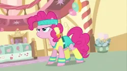 Size: 1280x720 | Tagged: safe, derpibooru import, pinkie pie, earth pony, baby cakes, g4, exercise, female, image, jpeg, outfit, solo