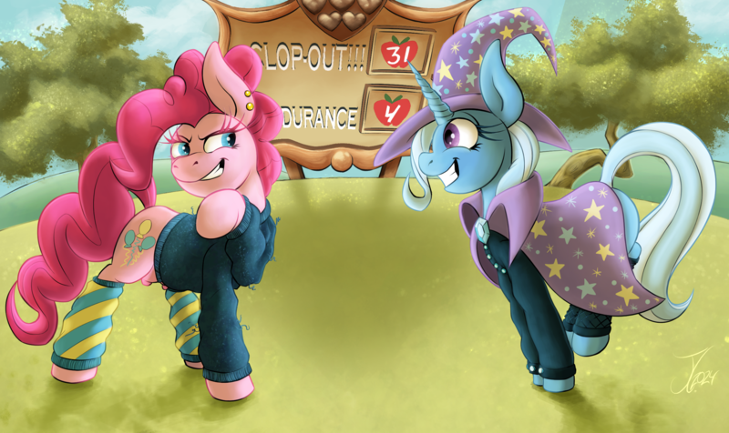 Size: 2480x1475 | Tagged: questionable, artist:jamescorck, derpibooru import, pinkie pie, trixie, pony, g4, clothes, crotchboobs, female, females only, hoodie, image, leg warmers, nudity, png, teats