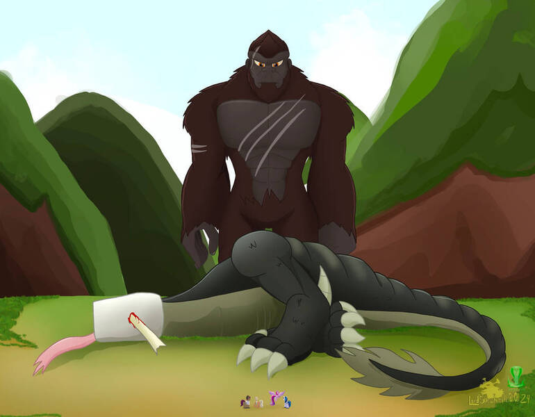 Size: 1012x789 | Tagged: safe, artist:lordshrekzilla20, derpibooru import, mane allgood, princess cadance, shining armor, snap shutter, ape, gorilla, kaiju, fanfic:a king to a god, g4, blood, chest scars, death, godzilla (series), image, jpeg, king kong, scootaloo's parents, skullcrawler