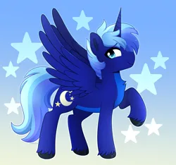 Size: 2676x2509 | Tagged: safe, artist:emera33, derpibooru import, oc, oc:night sky (polak23), unofficial characters only, alicorn, pony, art trade, blue background, blue eyes, cute, gradient background, happy, horn, image, png, raised hoof, sharp horn, simple background, smiling, solo, spread wings, stars, wings