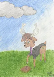 Size: 852x1196 | Tagged: safe, artist:opti, derpibooru import, oc, oc:fair use, unofficial characters only, deer, deer pony, hybrid, original species, unideer, cloud, drawing, grass, grass field, image, jpeg, mud, sad, stick figure, traditional art