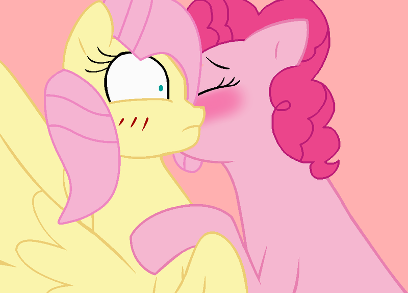 Size: 1014x728 | Tagged: safe, artist:jadeharmony, artist:shiroubases, derpibooru import, fluttershy, pinkie pie, earth pony, pegasus, pony, base used, blushing, cute, diapinkes, duo, eyes closed, female, image, kiss on the cheek, kissing, lesbian, mare, png, ship:flutterpie, shipping, shrunken pupils, shyabetes, surprise kiss, surprised