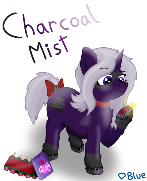 Size: 730x900 | Tagged: safe, artist:💎blue, derpibooru import, oc, oc:charcoal mist, unofficial characters only, pony, unicorn, blue eyes, bow, bubblegum, coal, dark purple coat, female, firecracker, food, gum, horn, image, jewelry, mare, necklace, png, silver mane, simple background, slightly chubby, tail, tail bow, transparent background, unicorn oc