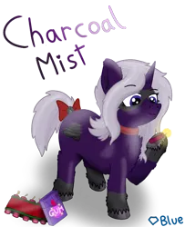 Size: 730x900 | Tagged: safe, artist:💎blue, derpibooru import, oc, oc:charcoal mist, unofficial characters only, pony, unicorn, blue eyes, bow, bubblegum, coal, dark purple coat, female, firecracker, food, gum, horn, image, jewelry, mare, necklace, png, silver mane, simple background, slightly chubby, tail, tail bow, transparent background, unicorn oc