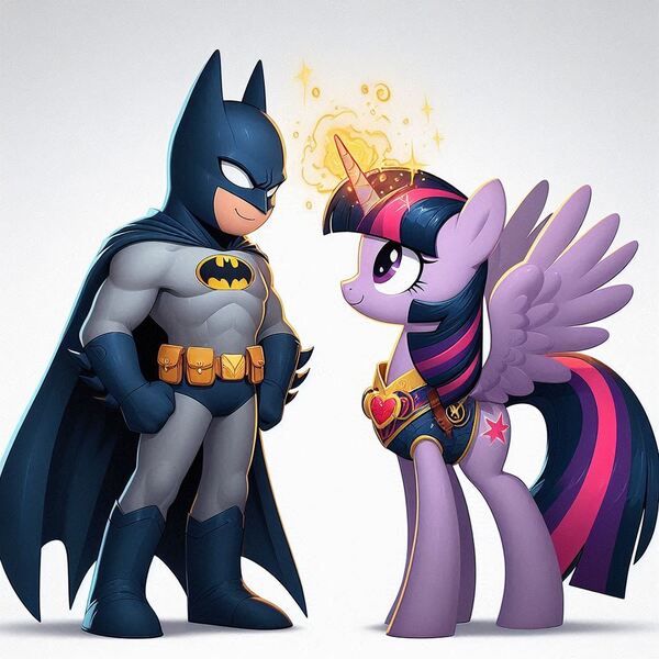 Size: 1024x1024 | Tagged: safe, ai content, derpibooru import, machine learning generated, prompter:bluey2309, twilight sparkle, twilight sparkle (alicorn), alicorn, human, g4, batman, crossover, dc comics, female, image, jpeg, male, superhero