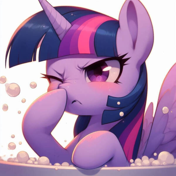 Size: 894x894 | Tagged: safe, ai content, derpibooru import, machine learning generated, twilight sparkle, twilight sparkle (alicorn), alicorn, artificial intelligence, bathtub, blushing, bubble, cute, generator:bing image creator, generator:dall-e 3, image, jpeg, nose, one eye closed, one eye open, pre sneeze, prompter:evergreenpinewood, rubbing, scratching, silly, sneezing, sniffling, tickling, twiabetes