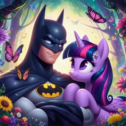 Size: 1024x1024 | Tagged: safe, ai content, derpibooru import, machine learning generated, prompter:bluey2309, twilight sparkle, twilight sparkle (alicorn), alicorn, butterfly, human, insect, g4, batman, dc comics, female, flower, forest, image, jpeg, male, nature, superhero, tree