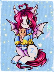 Size: 2250x3000 | Tagged: safe, artist:dariarchangel, derpibooru import, oc, oc:lerk, unofficial characters only, bat pony, pony, g4, adorable face, ahoge, bat pony oc, bat wings, blue eyes, blue hooves, blushing, c:, clothes, colored hooves, commission, cute, cute face, cute little fangs, cute smile, ear fluff, ear piercing, earring, fangs, female, female oc, hair bun, hoof hold, hooves, hug, image, jewelry, long tail, ocbetes, one eye closed, piercing, pink hair, pink mane, pink tail, plushie, png, pony oc, raised hoof, sitting, sleepy, small fangs, smiling, solo, spread wings, stars, sweater, sweet dreams fuel, tail, teddy bear, too cute, traditional art, turtleneck, turtleneck sweater, weapons-grade cute, white coat, wings, wink