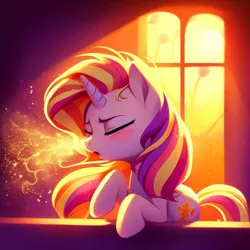 Size: 894x894 | Tagged: safe, ai content, derpibooru import, machine learning generated, sunset shimmer, pony, g4, backlighting, blushing, cute, eyes closed, generator:bing image creator, generator:dall-e 3, image, jpeg, lighting, messy, mucus, open mouth, shadows, sneeze cloud, sneezing, snot, spit, spray, sunlight, sunshine