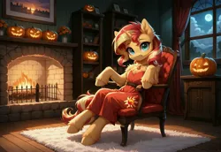 Size: 5568x3840 | Tagged: safe, ai content, derpibooru import, machine learning generated, prompter:gregorymars, stable diffusion, sunset shimmer, pony, semi-anthro, unicorn, g4, bipedal, chair, clothes, dress, female, generator:pony diffusion v6 xl, halloween, holiday, horn, image, indoors, jack-o-lantern, jpeg, mare, pumpkin, red dress, sitting, solo