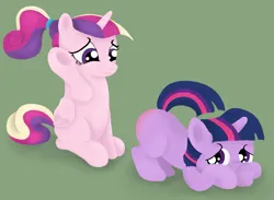 Size: 1195x876 | Tagged: safe, derpibooru import, princess cadance, twilight sparkle, alicorn, pony, unicorn, g4, crying, discipline, duo, duo female, female, filly, filly cadance, filly twilight sparkle, foal, green background, horn, image, png, punishment, raised hoof, raised tail, sad, simple background, spank mark, spanking, tail, tears of pain, younger