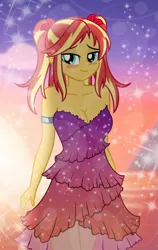 Size: 1000x1584 | Tagged: safe, artist:emeraldblast63, artist:uotapo, derpibooru import, sunset shimmer, equestria girls, g4, abstract background, armband, bedroom eyes, blushing, bow, breasts, cleavage, clothes, dress, ear piercing, earring, glamour, hair bow, happy, image, jewelry, piercing, pigtails, png, ribbon, smiling, sparkles, strapless dress