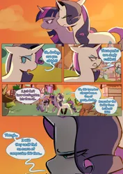 Size: 1448x2048 | Tagged: safe, artist:piesinful, derpibooru import, rarity, twilight sparkle, oc, alicorn, pony, unicorn, comic:unlucky day, fanfic:cupcakes, g4, alicorn oc, comic, dialogue, female, horn, image, jpeg, mare, ponyville, speech bubble, unicorn twilight, wings