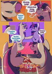 Size: 1448x2048 | Tagged: safe, artist:piesinful, derpibooru import, rarity, twilight sparkle, pony, unicorn, comic:unlucky day, fanfic:cupcakes, g4, comic, crowd, dialogue, female, image, jpeg, mare, speech bubble, sugarcube corner, unicorn twilight