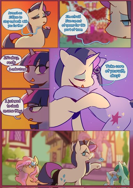 Size: 1448x2048 | Tagged: safe, artist:piesinful, derpibooru import, linky, rarity, sassaflash, shoeshine, spring melody, sprinkle medley, twilight sparkle, oc, pony, unicorn, comic:unlucky day, fanfic:cupcakes, g4, comic, dialogue, female, hug, image, jpeg, mare, ponyville, speech bubble, sugarcube corner, unicorn twilight, waving