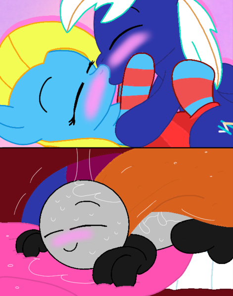 Size: 1033x1317 | Tagged: suggestive, artist:cooperthedoodlian, derpibooru import, oc, oc:cuteamena, oc:electric blue, earth pony, pegasus, pony, blushing, cooper doodlian, cute, drool, drool string, female, french kiss, humanoid, image, jpeg, kiss on the lips, kissing, male, sloppy kissing, straight, tongue out, vore, vore snowballing