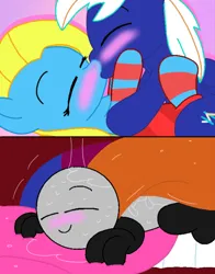 Size: 1033x1317 | Tagged: suggestive, artist:cooperthedoodlian, derpibooru import, oc, oc:cuteamena, oc:electric blue, earth pony, pegasus, pony, blushing, cooper doodlian, cute, drool, drool string, female, french kiss, humanoid, image, jpeg, kiss on the lips, kissing, male, sloppy kissing, straight, tongue out, vore, vore snowballing