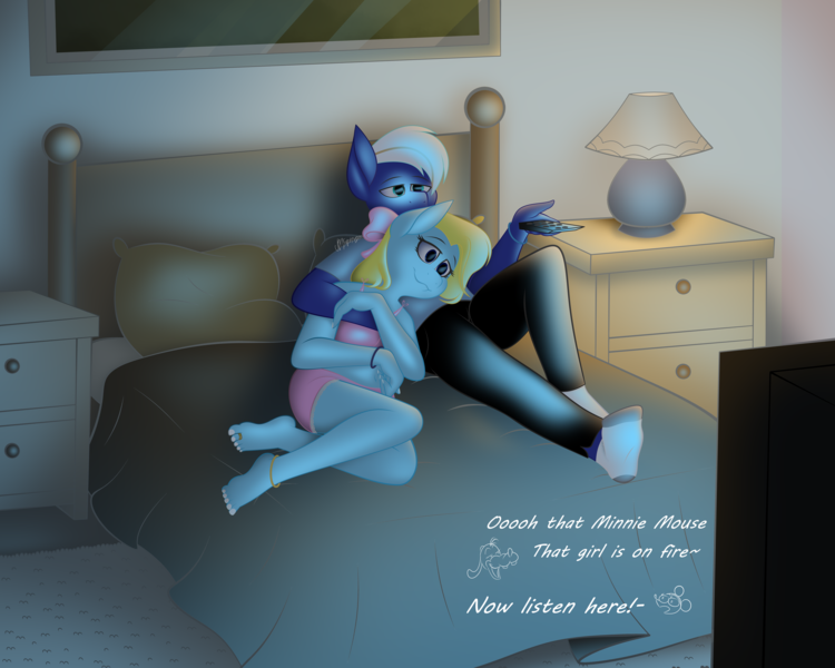 Size: 7674x6138 | Tagged: safe, artist:feather_bloom, derpibooru import, oc, oc:cuteamena, oc:electric blue, unofficial characters only, anthro, earth pony, pegasus, plantigrade anthro, pony, anklet, anthro oc, bedroom, clothes, commission, cuddling, detailed background, electricute, feet, image, jewelry, lying down, mickey mouse, pajamas, png, remote, shading, speech bubble, television, toe ring, tv show, wholesome