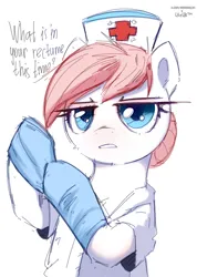 Size: 1182x1662 | Tagged: safe, artist:nording34, artist:uteuk, derpibooru import, nurse redheart, earth pony, pony, g4, clothes, female, gloves, hat, image, looking at you, mare, nurse hat, nurse outfit, nurse redheart is not amused, png, simple background, unamused, white background