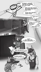 Size: 2160x3840 | Tagged: safe, artist:shamziwhite, derpibooru import, oc, oc:ripy, unofficial characters only, anthro, unguligrade anthro, unicorn, cage, clothes, collar, comic, dialogue, dog collar, grayscale, high res, horn, image, k-9, monochrome, png, police uniform, speech bubble, surprised, thought bubble