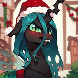 Size: 4096x4096 | Tagged: safe, ai content, derpibooru import, machine learning generated, prompter:doomguy397, stable diffusion, queen chrysalis, changeling, changeling queen, g4, blushing, christmas, cute, fangs, female, festive, generator:purplesmart.ai, hat, hearth's warming eve, holiday, horn, image, looking at you, png, ponyville, santa hat, tsundere