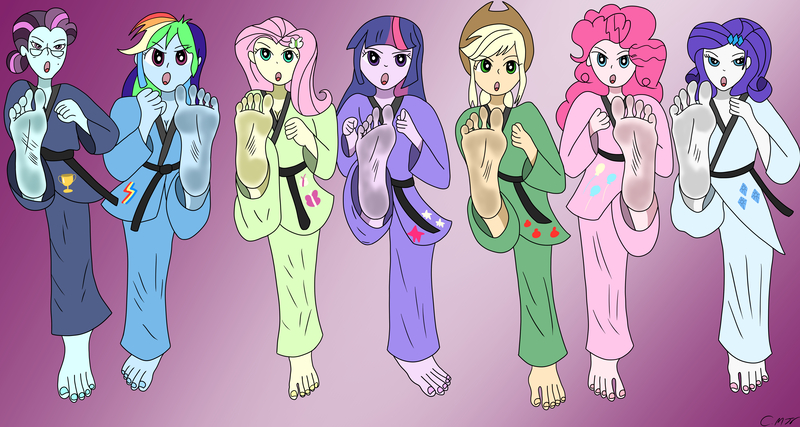 Size: 9000x4800 | Tagged: suggestive, artist:coolcliffstudios, derpibooru import, applejack, fluttershy, pinkie pie, principal abacus cinch, rainbow dash, rarity, sci-twi, twilight sparkle, human, equestria girls, g4, clothes, feet, fetish, foot fetish, gi, humane five, humane six, image, jpeg, kicking, soles