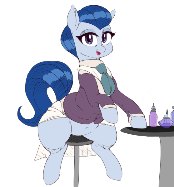 Size: 2733x2944 | Tagged: safe, artist:polofastter, artist:sirmasterdufel, derpibooru import, ever essence, pony, g4, bar stool, chubby, clothes, cute, female, high res, image, mare, perfume, png, simple background, sitting, solo, table, transparent background