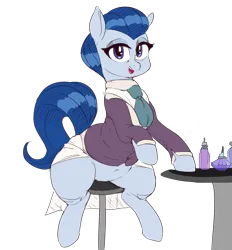 Size: 2733x2944 | Tagged: safe, artist:polofastter, artist:sirmasterdufel, derpibooru import, ever essence, pony, g4, bar stool, chubby, clothes, cute, female, high res, image, mare, perfume, png, simple background, sitting, solo, table, transparent background