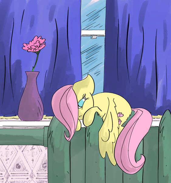 Size: 2251x2400 | Tagged: safe, artist:ponny, derpibooru import, fluttershy, pegasus, pony, colored, curtains, drawthread, female, filly, filly fluttershy, flower, foal, image, png, radiator, requested art, sleepy, solo, vase, wallpaper, window, younger