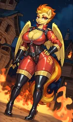 Size: 1536x2560 | Tagged: suggestive, ai content, derpibooru import, machine learning generated, stable diffusion, spitfire, anthro, pegasus, g4, big breasts, bodysuit, breasts, busty spitfire, catsuit, cleavage, clothes, derpibooru exclusive, female, fire, generator:pony diffusion v6 xl, gloves, image, latex, latex gloves, latex stockings, latex suit, mask, png, prompter:inky heart, pyro (tf2), rubber, socks, solo, solo female, spitfire pyro, stockings, team fortress 2, thick, thigh highs, thighs, thunder thighs, wide hips