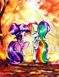 Size: 1796x2348 | Tagged: safe, artist:liaaqila, derpibooru import, rainbow dash, twilight sparkle, twilight sparkle (alicorn), alicorn, pegasus, pony, autumn, duo, duo female, female, image, jpeg, lesbian, shipping, traditional art, twidash