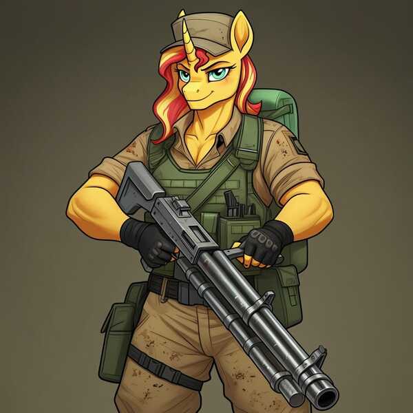 Size: 1024x1024 | Tagged: safe, ai content, derpibooru import, generator:google imagen 3.0, machine learning generated, prompter:zerowinger, sunset shimmer, anthro, unicorn, series:g.i. pony: a real equestrian hero, g4, backpack, clothes, cosplay, costume, female, fingerless gloves, g.i. joe, gloves, gradient background, gun, hat, horn, image, jpeg, machine gun, military uniform, muscles, repeater, smiling, smirk, solo, sunset lifter, uniform, vest, weapon