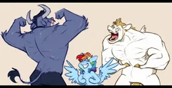 Size: 2048x1051 | Tagged: safe, artist:chub-wub, derpibooru import, bulk biceps, iron will, rainbow dash, minotaur, pegasus, pony, g4, alternate design, beige background, bipedal, blonde mane, blonde tail, blue coat, blue fur, colored hooves, colored horns, curved horns, derp, ear piercing, earring, elbow fluff, eye clipping through hair, eyebrows, eyebrows visible through hair, eyes closed, facial hair, female, flexing, grin, height difference, hooves, horns, image, jewelry, jpeg, male, mare, multicolored hair, multicolored mane, nose piercing, nose ring, open mouth, open smile, physique difference, piercing, rainbow hair, rear view, requested art, sideburns, simple background, size difference, smiling, spread wings, stallion, tail, teeth, trio, unshorn fetlocks, white coat, wings, yellow eyes, yellow hooves