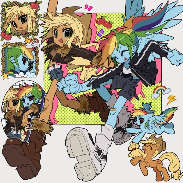 Size: 2000x2000 | Tagged: safe, artist:jwnn_, derpibooru import, applejack, rainbow dash, earth pony, pegasus, pony, equestria girls, g4, alternate clothes, apple, applejack's hat, arm around neck, bandaid, belt, big eyes, blonde hair, blonde mane, blonde tail, blue skin, bomber jacket, boots, clothes, colored sclera, cowboy hat, denim, denim shorts, duo, duo female, emanata, eye clipping through hair, eyebrows, eyebrows visible through hair, eyelashes, eyes closed, female, flying, food, gray sclera, green eyes, hair tie, hat, high res, image, jacket, jpeg, leg warmers, long arms, long hair, long legs, looking at you, magenta eyes, mare, multicolored hair, multicolored mane, open mouth, open smile, orange coat, orange skin, outline, passepartout, ponied up, ponytail, profile, rainbow, rainbow hair, rainbow tail, raised arm, rearing, running, shiny hair, shirt, shoes, shorts, simple background, slender, smiling, smiling at you, sneakers, spread wings, stetson, tail, tanktop, thin, thin legs, three quarter view, tied hair, tied mane, tied tail, track jacket, wall of tags, white background, wings